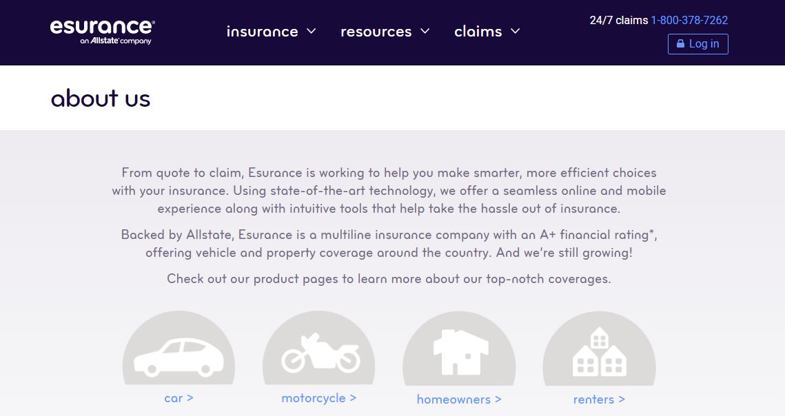 about us Esurance web page