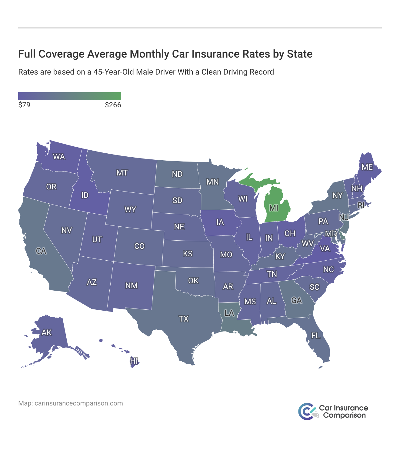 <h3>Full Coverage Average Monthly Car Insurance Rates by State</h3>