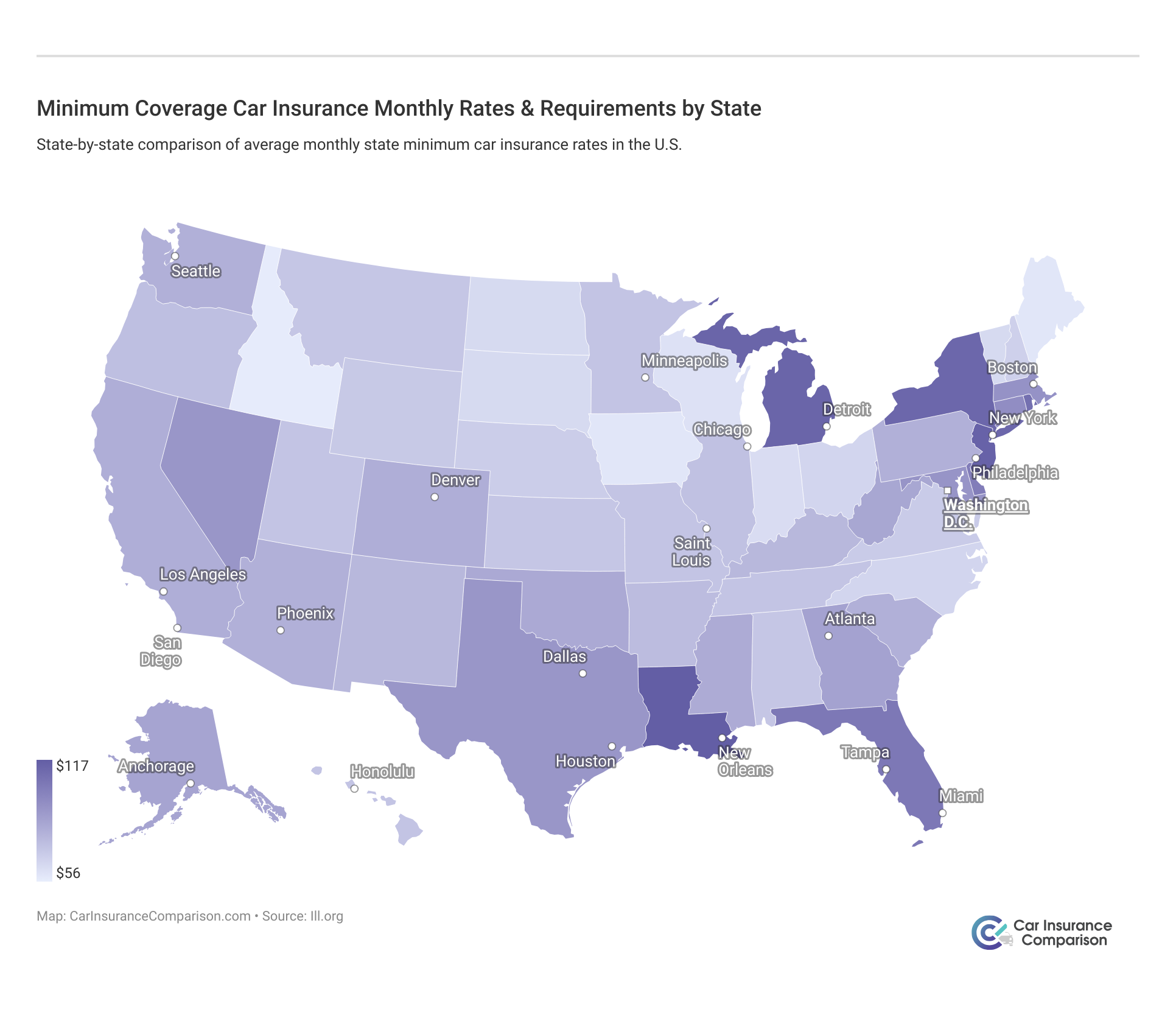 <h3>Minimum Coverage Car Insurance Monthly Rates & Requirements by State</h3>